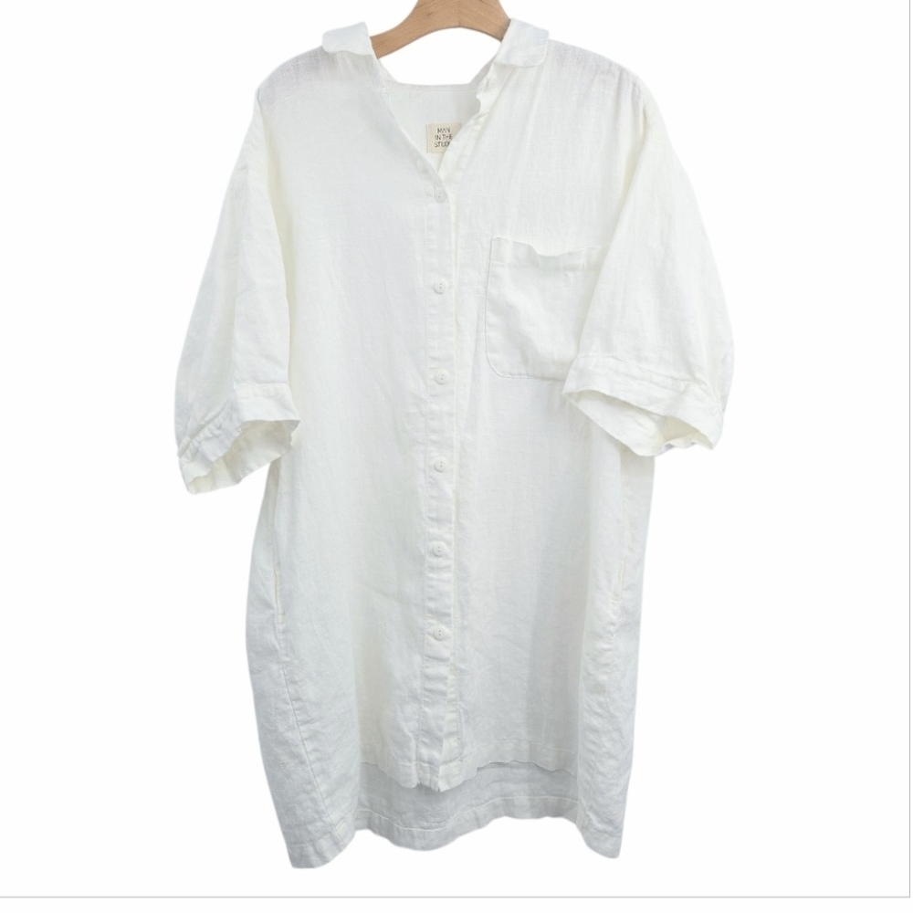 Man in the Studio Shirt Dress White Linen Short Sleeves Pockets